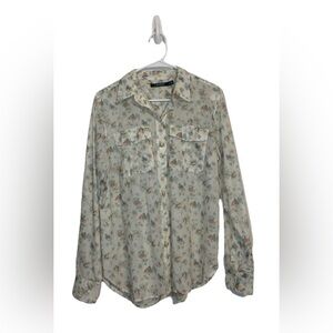 Lauren Ralph Lauren Women Size LP Cotton Semi Sheer Floral Button Long Sleeve